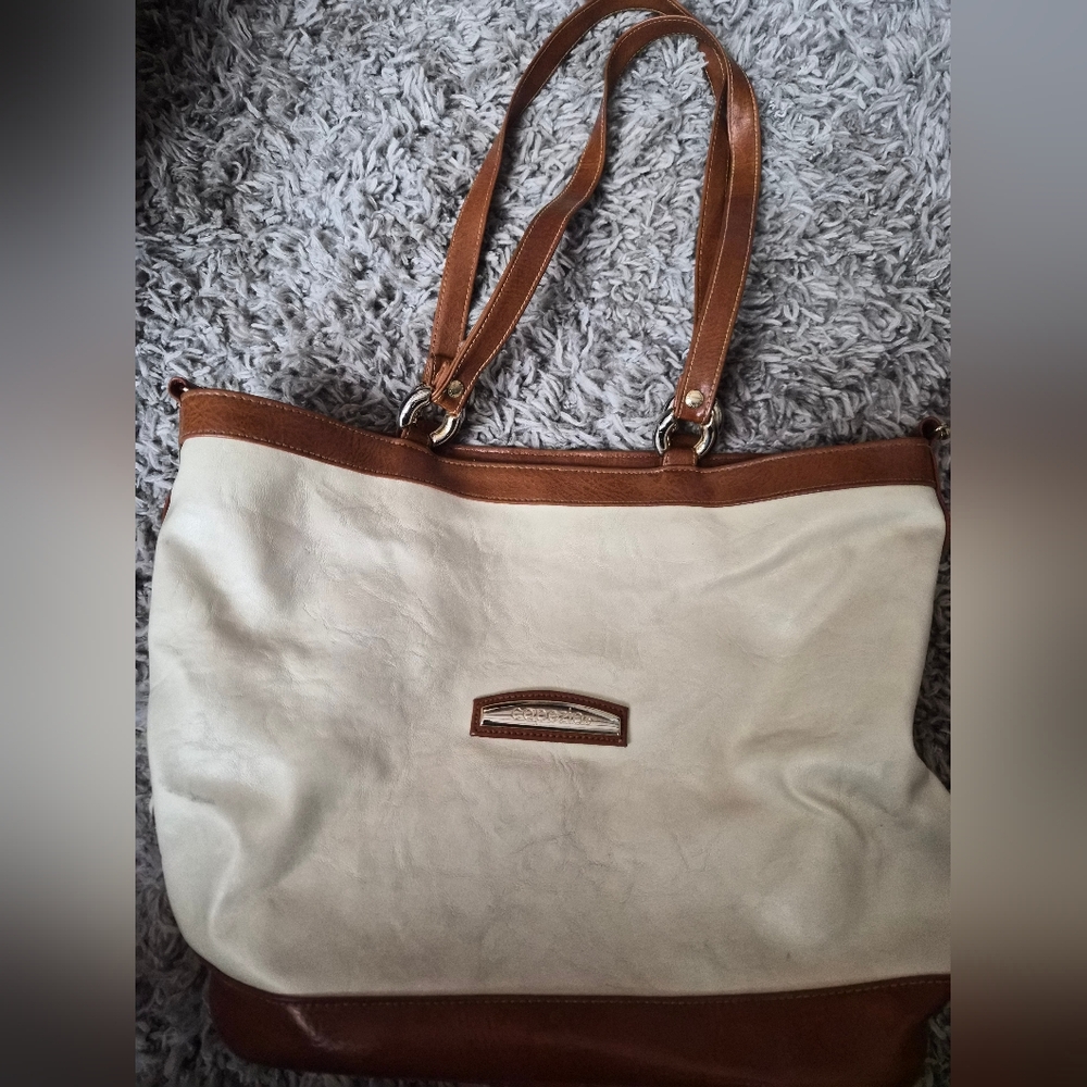 Capezio Cream Brown Tote Shoulder Bag Zipper Closure